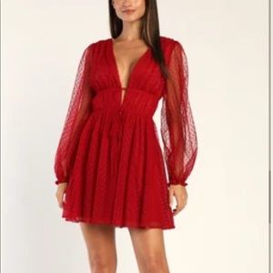 Lulu’s sweet twist wine red Swiss dot tulle long sleeve mini dress